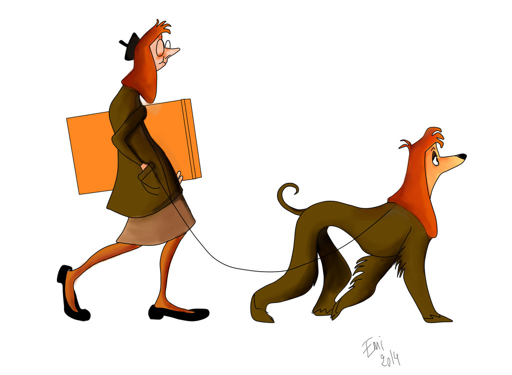A stylish woman with red hair and a beret walks a dog wearing a matching red hood, both carrying orange shopping bags.