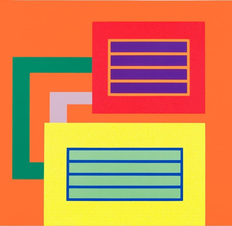 Abstract geometric composition with overlapping colorful rectangles and striped patterns on an orange background.