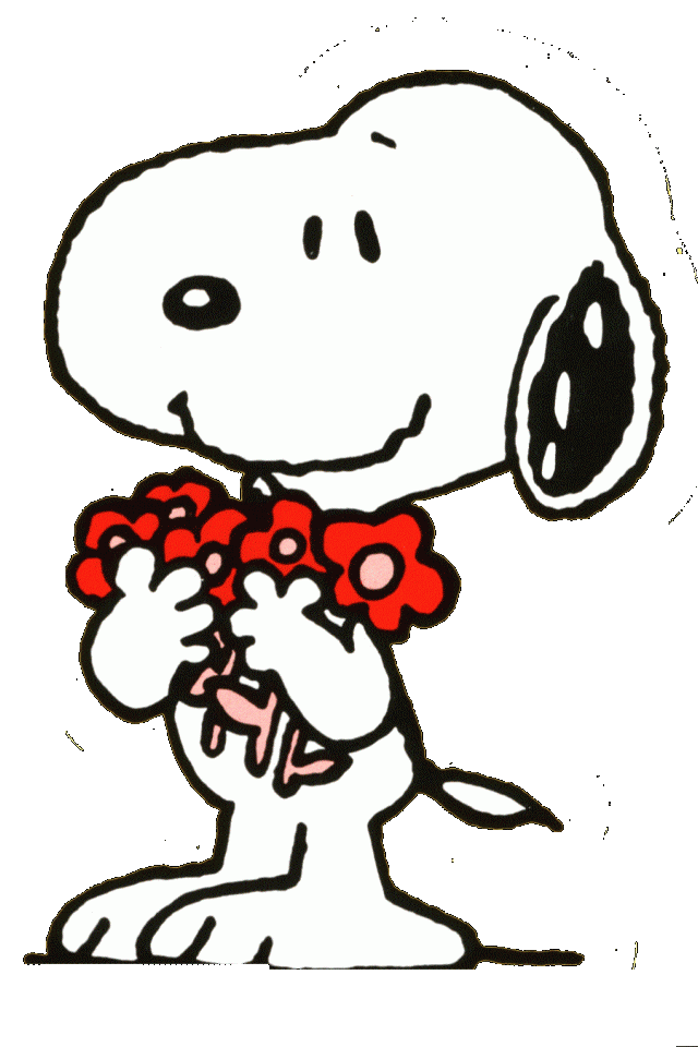 Snoopy holding a bouquet of red flowers with a gentle smile, classic black-and-white cartoon style.
