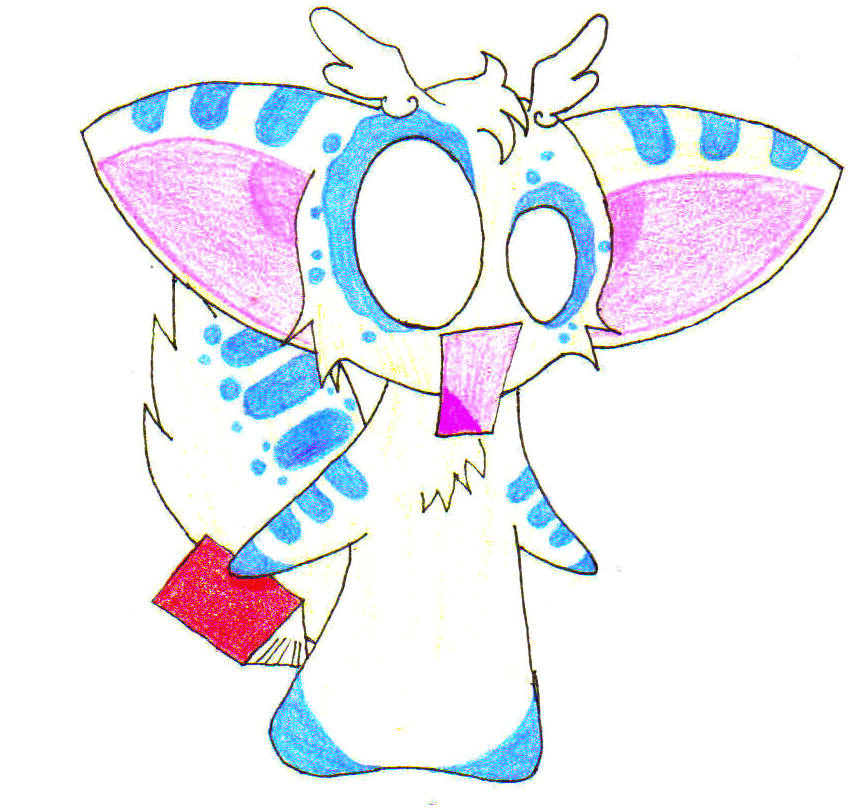 A colorful hand-drawn cartoon creature with large pink ears, blue spots, and a red book, expressing surprise.