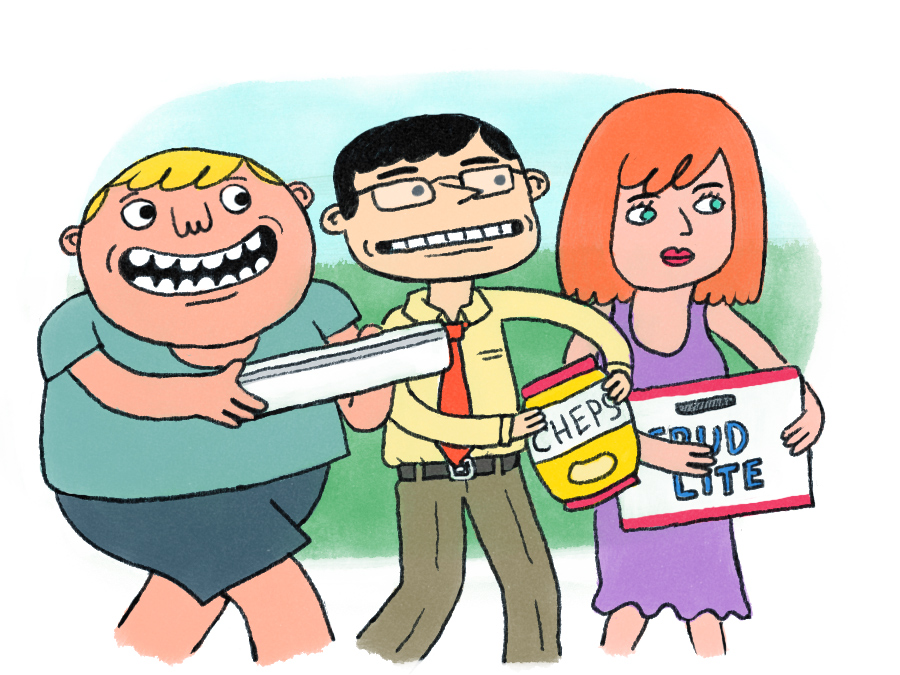 Three cartoon characters enthusiastically holding snack products: a tube, cheese puffs, and a cereal box.