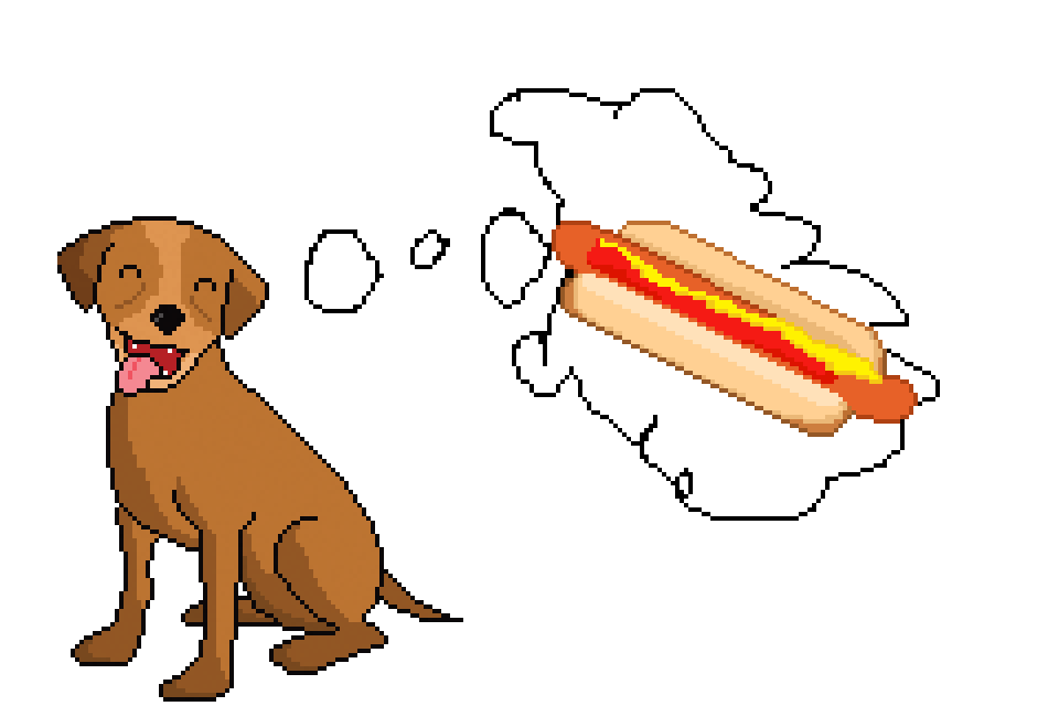 happy dog thinking about hot dog - Make Pixel Art.