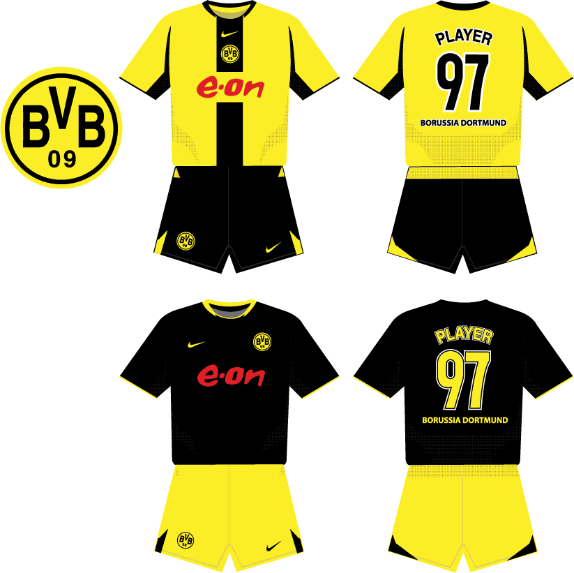 Borussia Dortmund 2006-07 home and away kits with BVB 09 logo, featuring yellow-black jerseys, shorts, and e-on sponsorship.