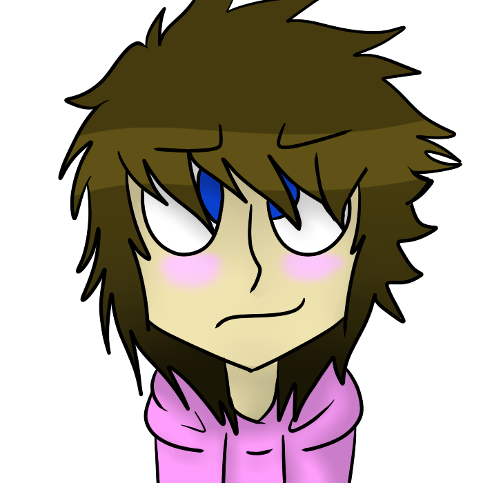 Anime-style character with spiky brown hair, blue eyes, blushing cheeks, and a skeptical expression wearing a pink hoodie.