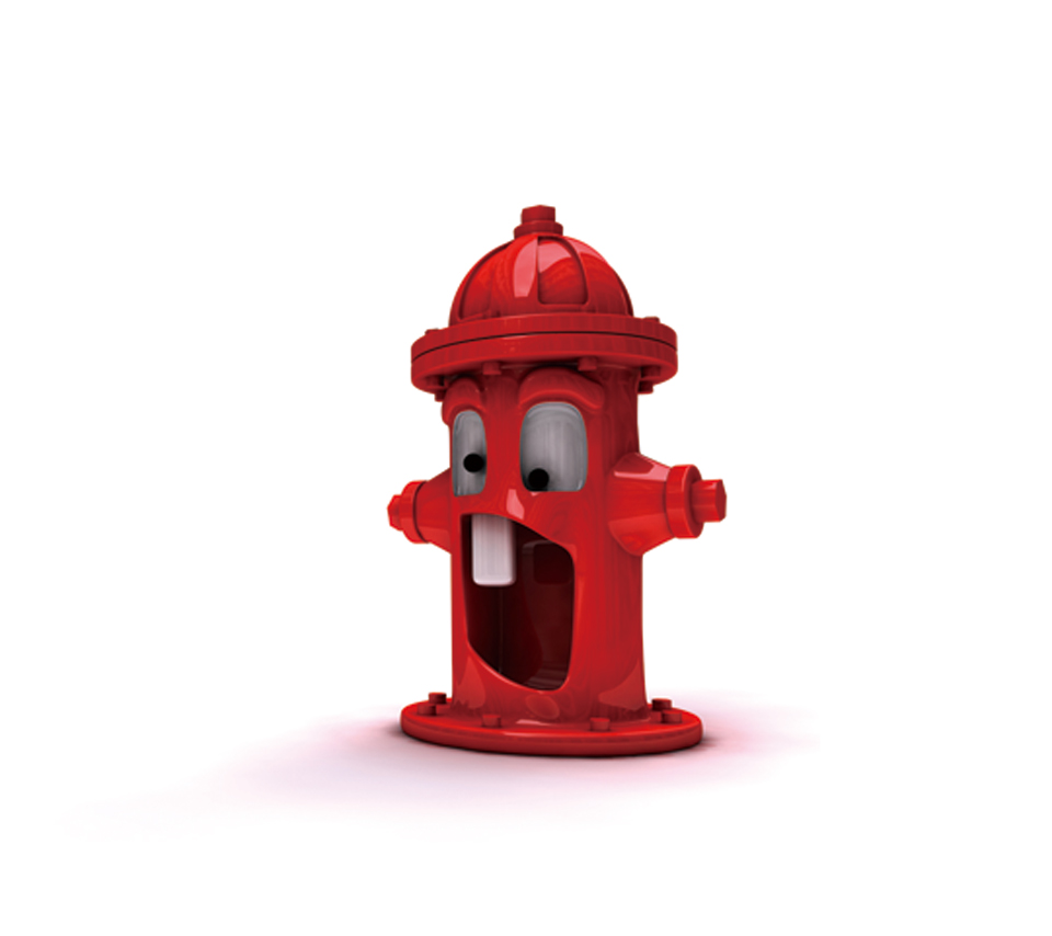 Animated red fire hydrant with surprised facial expression, wide eyes and open mouth, isolated on white background.