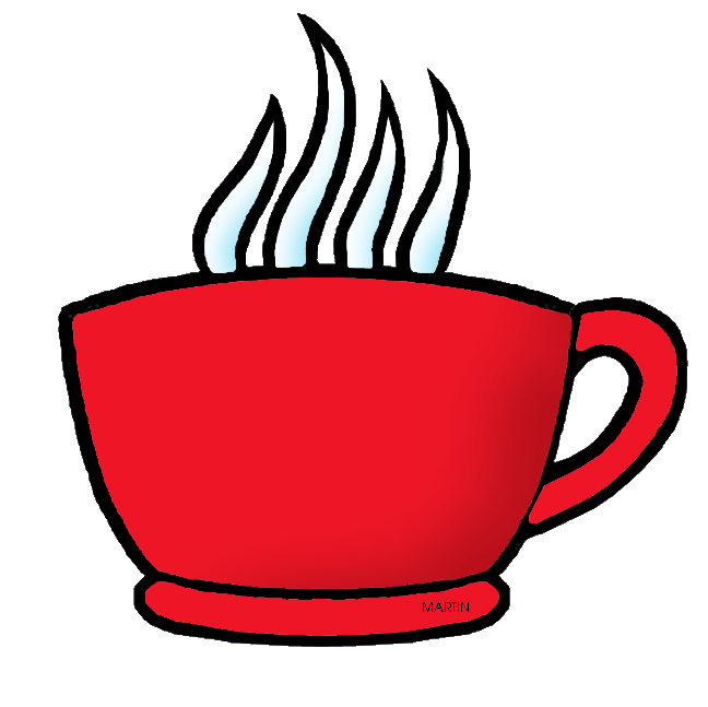 Red coffee cup with steam rising, cartoon-style illustration