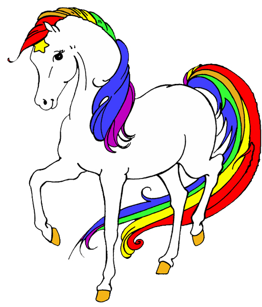 A white cartoon unicorn with a vibrant rainbow mane, tail, and horn, standing in a graceful pose.
