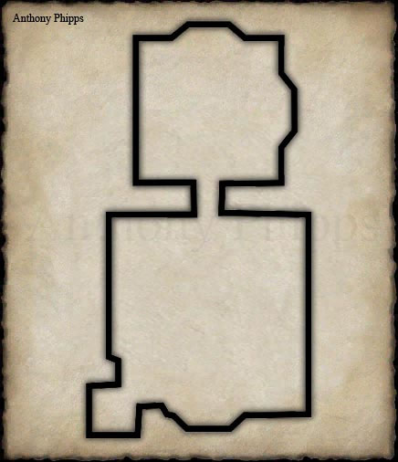 Hand-drawn dungeon map outline on aged parchment, featuring two connected rooms with irregular walls.