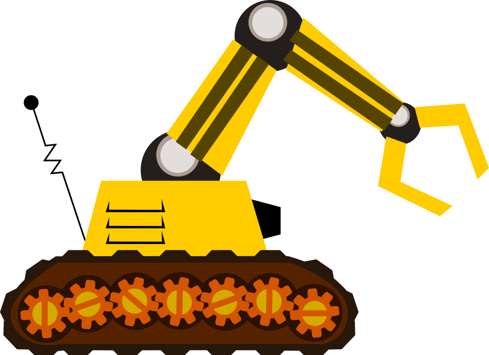 Yellow tracked robot with articulated arm and gripper, cartoon-style industrial automation illustration
