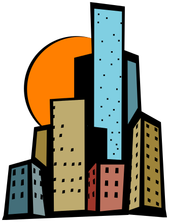 Colorful stylized city skyline with orange sun rising or setting behind modern buildings.