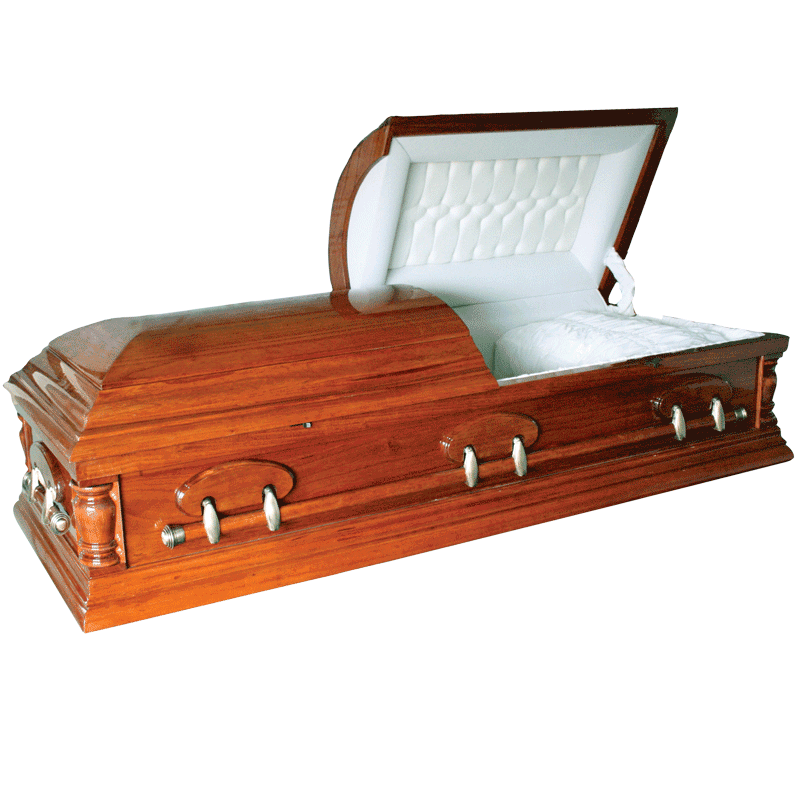 Polished wooden casket with open lid, white quilted interior, and silver handles on a white background.