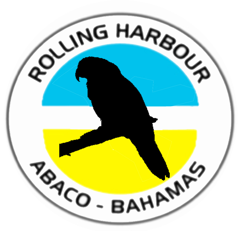 Rolling Harbour Abaco Bahamas logo featuring a black parrot silhouette against blue sky and yellow sand bands.