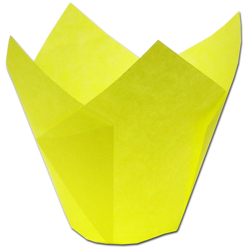 Bright lime-green tulip-style baking cup made of parchment paper, open and ready for use.