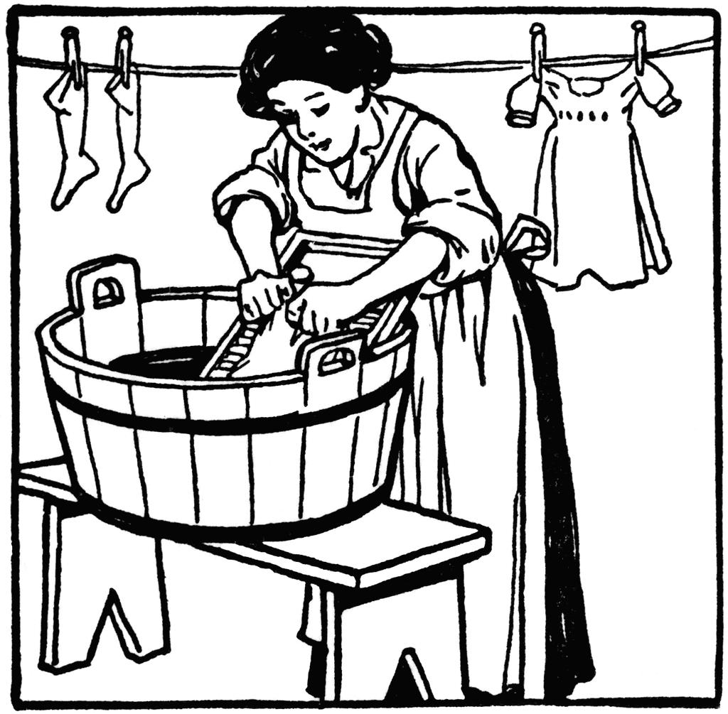 Vintage Laundry Day Scene - Hand-Washing Clothes with Washboard and Tub