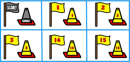 Six illustrated traffic cones with numbered flags (1, 2, 3, 14, 15) and a "GOAL!" flag, arranged in a grid for a counting or sequencing activity.