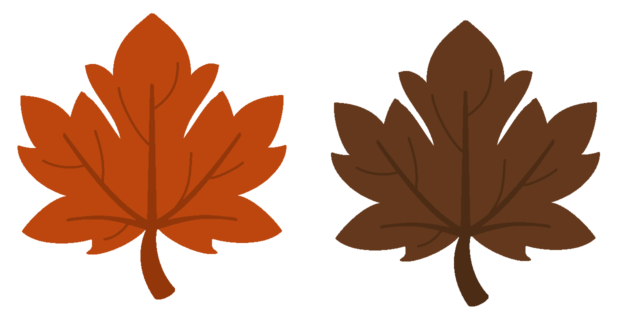Two stylized maple leaves side by side-one vibrant orange, one deep brown-illustrating autumn color transition.