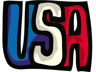 Stylized "USA" logo in red, white, and blue with bold black outlines and a playful, hand-drawn aesthetic.