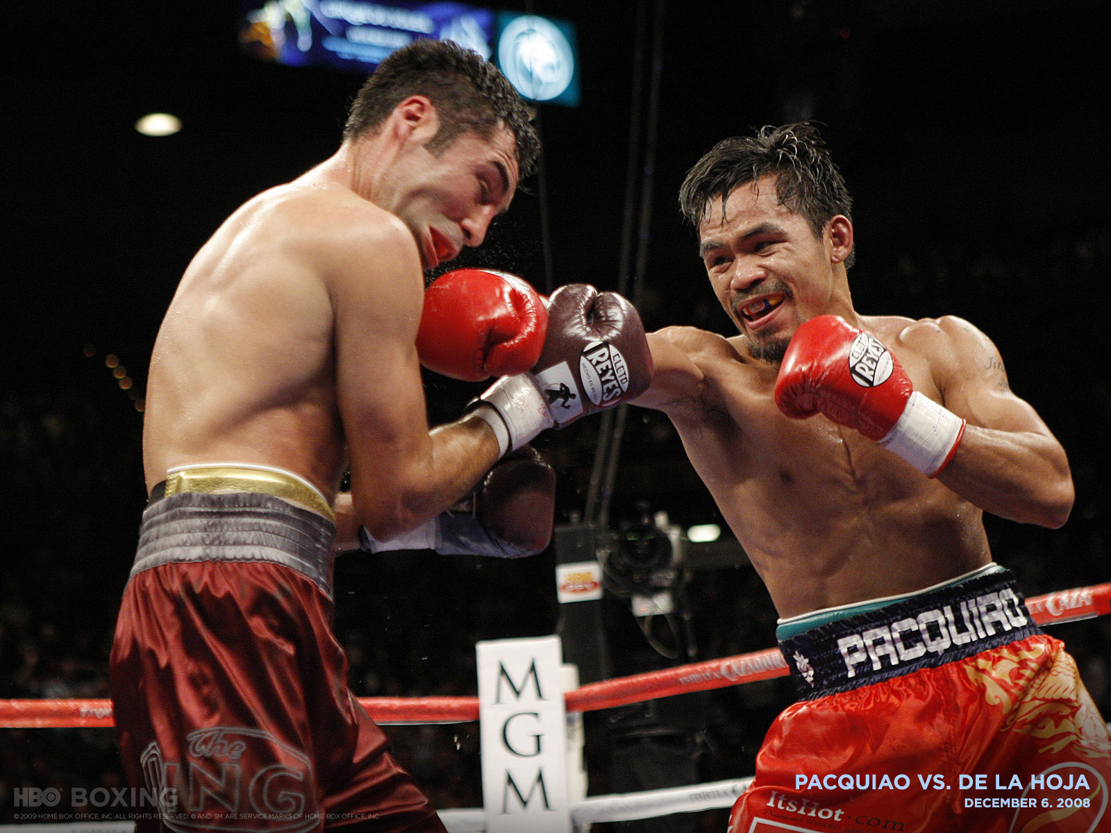 Manny Pacquiao lands a powerful right hook on Ricky Hatton during their 2008 boxing match at MGM Grand.