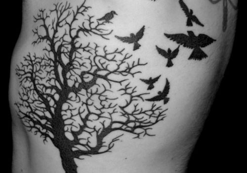 Black Ink Tree And Birds Tattoos On Ribs 
