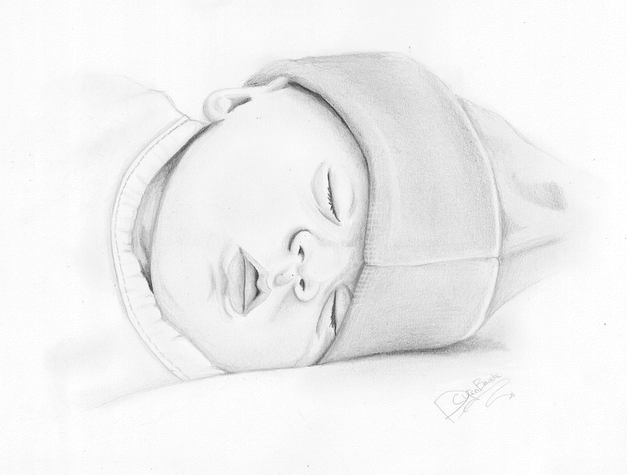Drawing of cute smiling newborn baby lying on white fur Drawing of cute  smiling newborn baby lying on white fur  CanStock