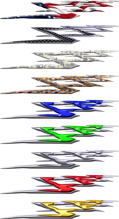 Collection of 10 stylized metallic wing-shaped decals in various colors and patterns including American flag, carbon fiber, and chrome finishes.