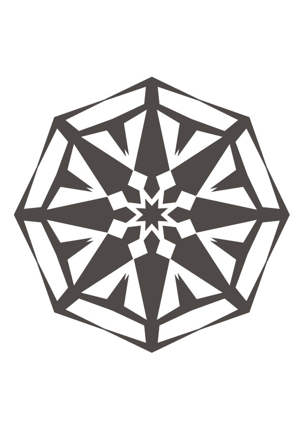 Geometric octagonal mandala with symmetrical black-and-white starburst pattern and layered polygonal design.