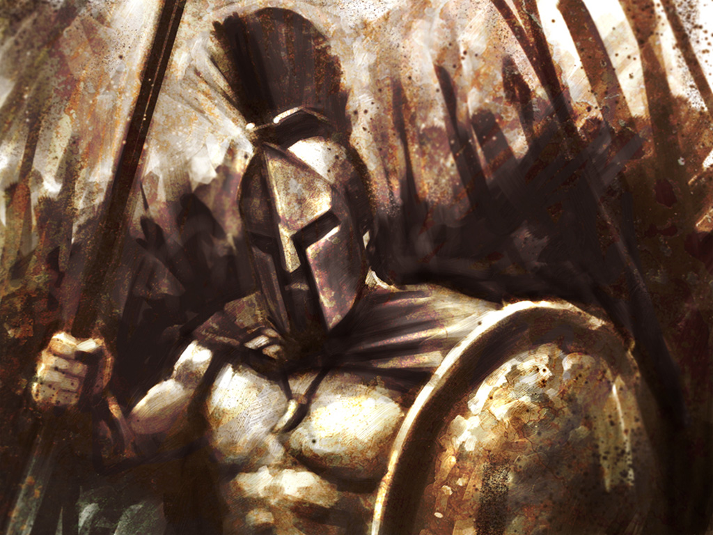 A Spartan warrior in bronze helmet and shield, standing defiantly amid battle chaos with dramatic lighting and textured brushwork.