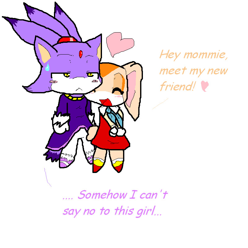 A purple anthropomorphic fox with a red gem and a nervous expression stands beside a cheerful orange rabbit in a red dress, who introduces them with hearts.