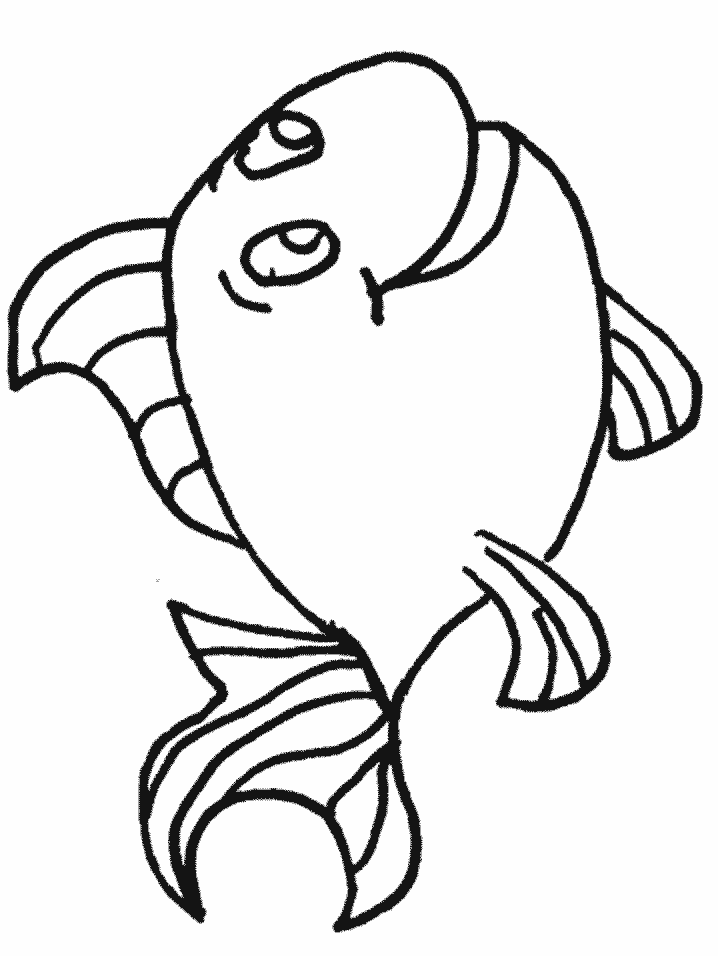 Simple black-and-white line drawing of a cartoon fish with large eyes, striped fins, and a friendly expression, ideal for coloring pages.