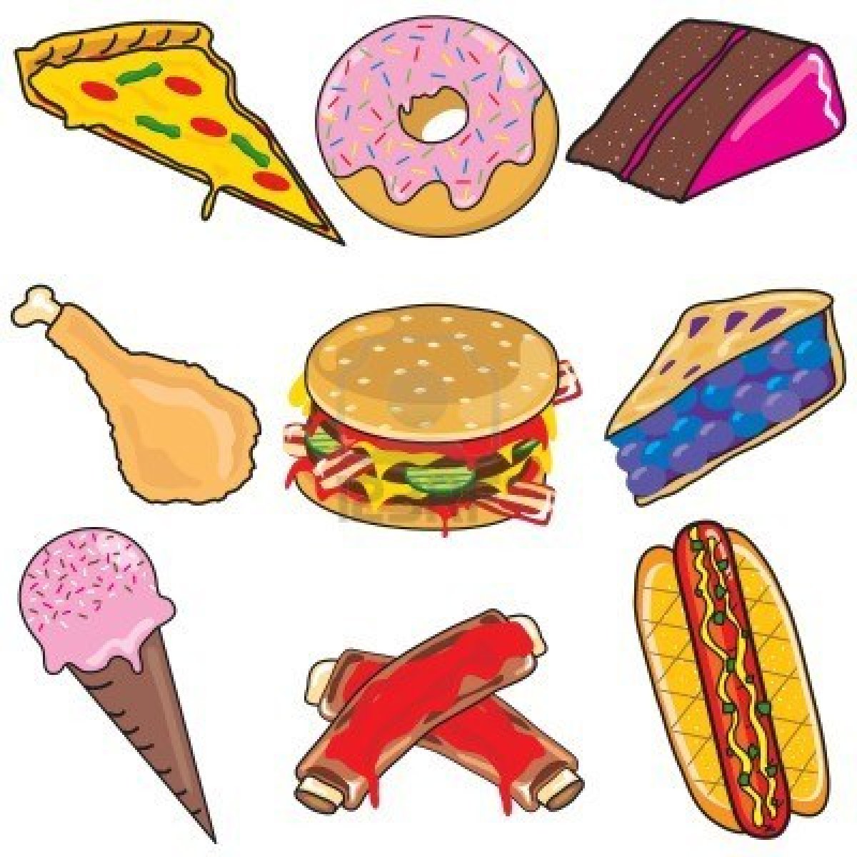 Colorful cartoon-style fast food and dessert icons including pizza, donut, cake, chicken leg, burger, pie, ice cream, ribs, and hot dog.