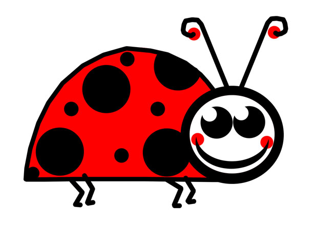 Cheerful cartoon ladybug with red shell, black spots, and smiling face on white background.