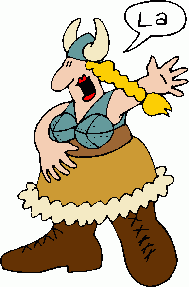 Cartoon Viking woman with horned helmet, braided hair, and speech bubble saying "La!"