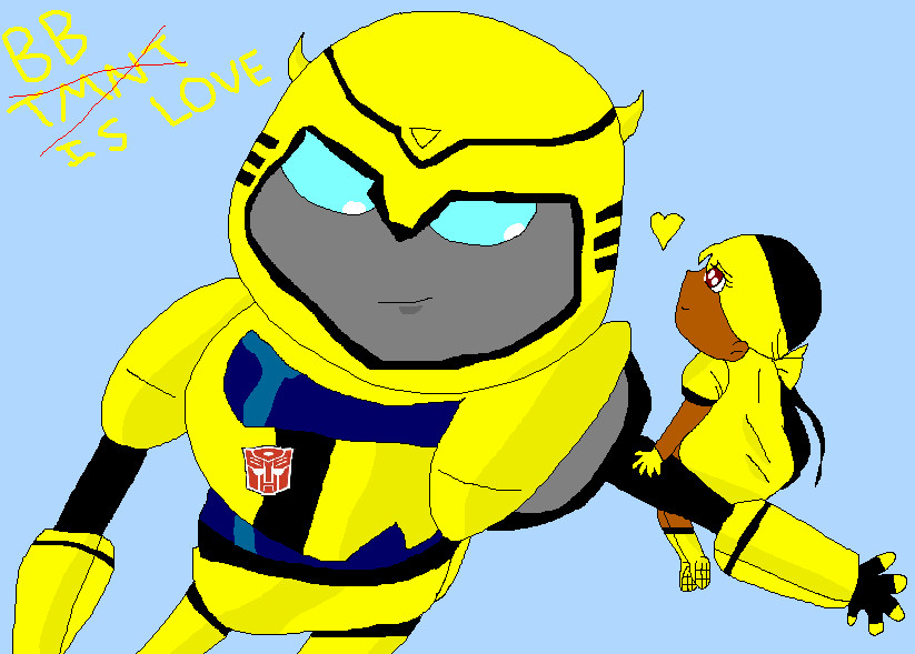 Yellow Autobot Bumblebee holds a smiling child in a matching yellow outfit, with "BB IS LOVE" handwritten above.