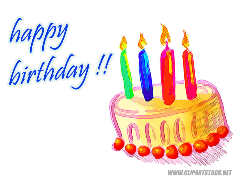 Colorful birthday cake with four lit candles and "happy birthday!!" text in blue script.