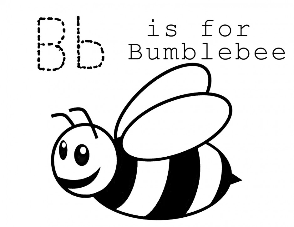 Dotted uppercase and lowercase letter B with text "is for Bumblebee" and a smiling cartoon bumblebee illustration.