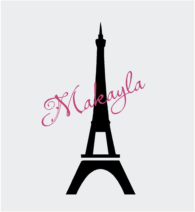 Black Eiffel Tower silhouette with pink cursive "Makayla" overlaid on light gray background.