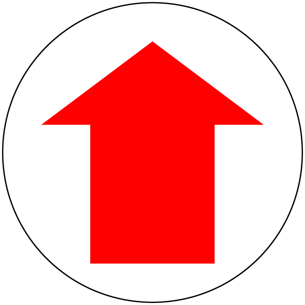 Red upward arrow inside a black circular border on white background