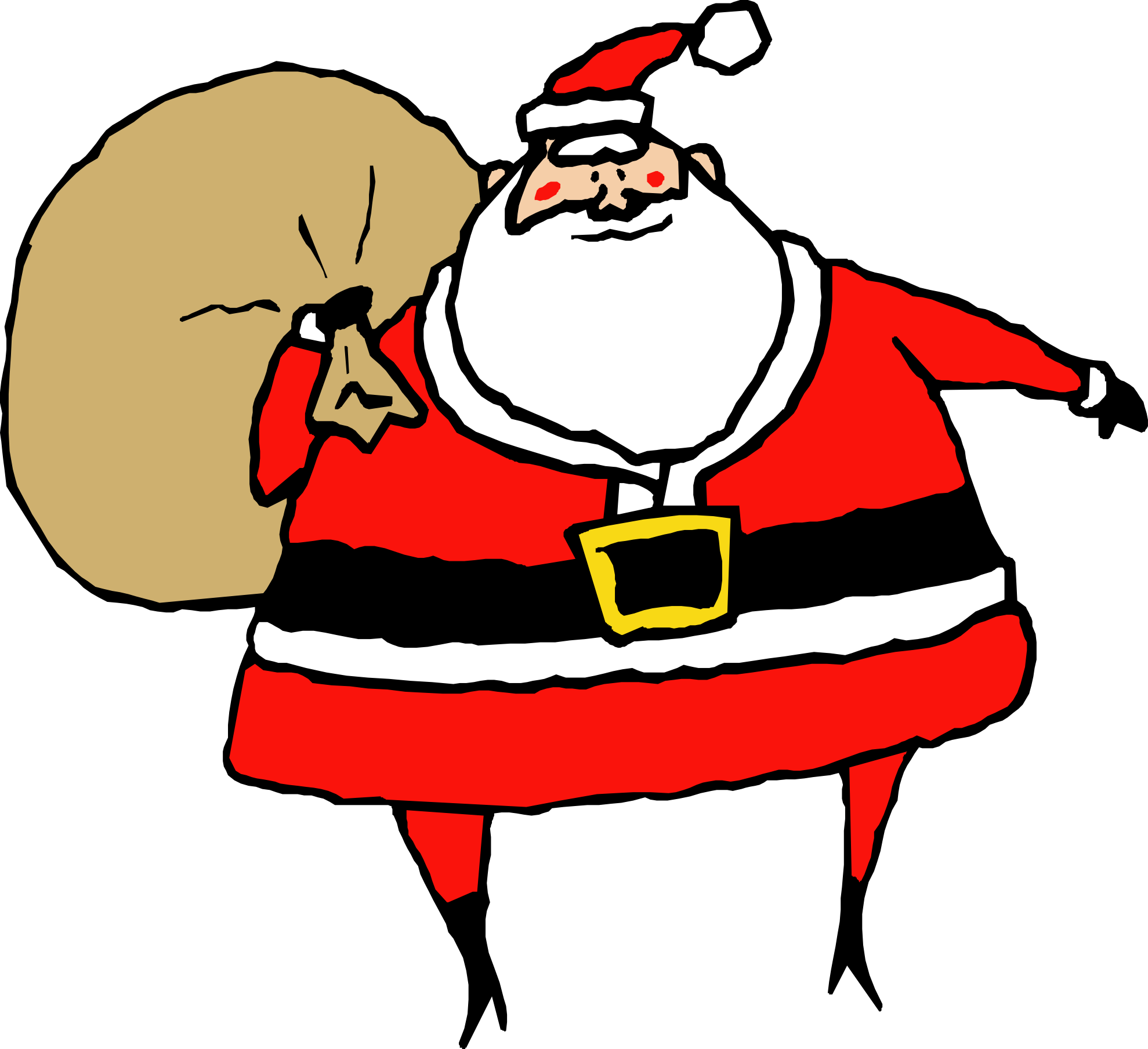 Jolly cartoon Santa Claus in red suit carrying a large sack of gifts, smiling with rosy cheeks and white beard.