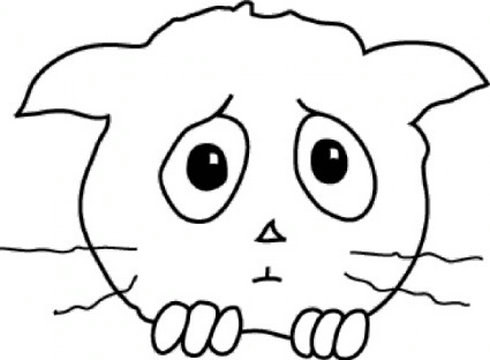 Sad cartoon kitten with big eyes peeking over a surface, drawn in simple black-and-white line art.