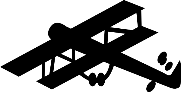 Black silhouette of a vintage biplane with dual wings, open cockpit, and propeller in flight.