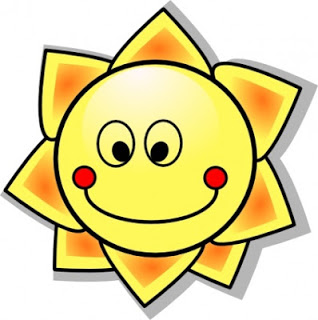 Cheerful cartoon sun with smiling face, yellow rays, and red cheeks on white background.