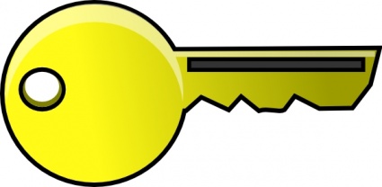 A bright yellow cartoon-style key with a circular bow and jagged bit, isolated on white background.