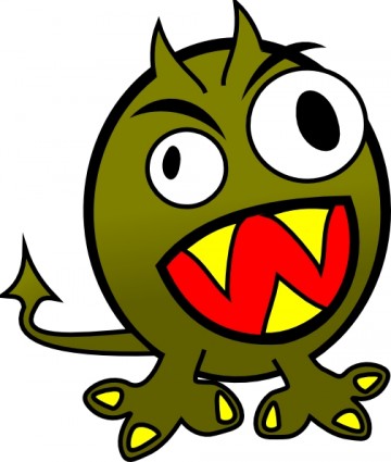 Green cartoon monster with big eyes, sharp teeth, and a playful menacing expression.