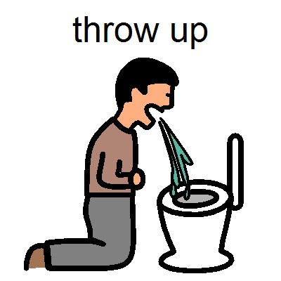 Person kneeling beside toilet, vomiting green liquid into bowl, labeled "throw up"