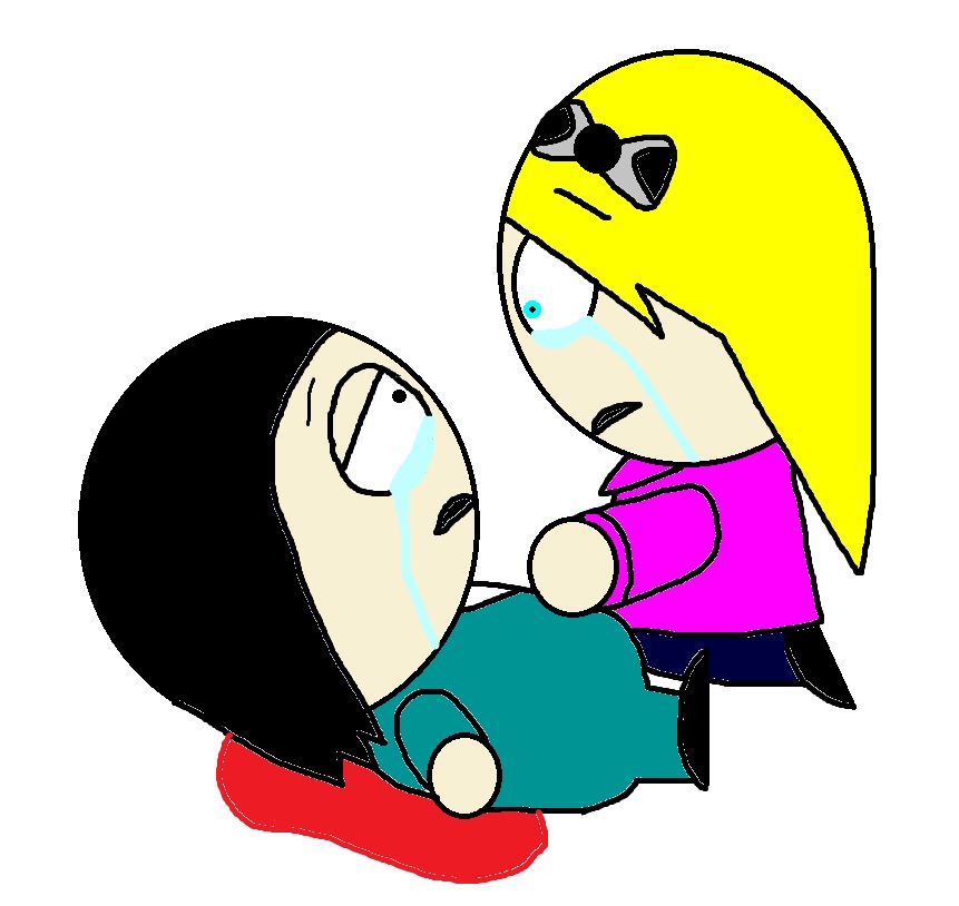 A blonde character in pink comforts a crying black-haired character lying on a red cushion.