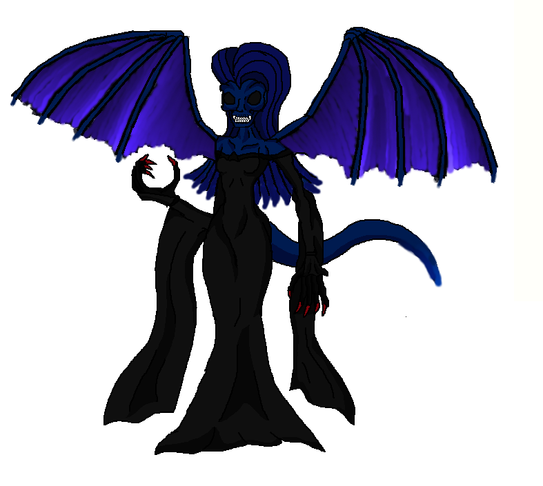 A dark, skeletal female figure with glowing blue hair, purple bat-like wings, and a black gown, posed menacingly with clawed hands.