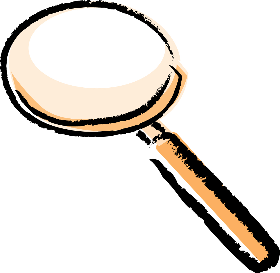 Hand-drawn magnifying glass with orange handle and black outline, symbolizing search or investigation.