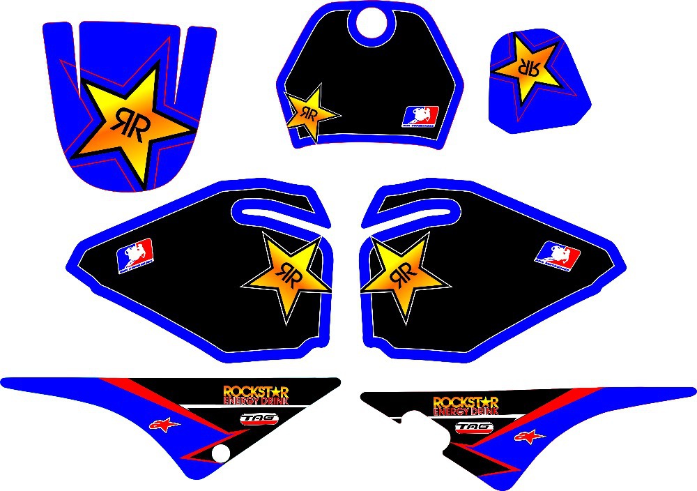Rockstar Energy Drink motorcycle graphics kit with blue, black, red, and yellow star-themed decals for bike customization.
