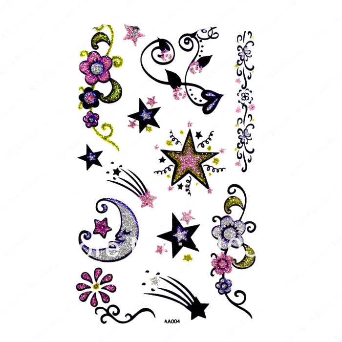 Stars And Grey Flowers Tattoos Design