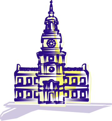 Stylized illustration of a historic government building with clock tower in purple and yellow.
